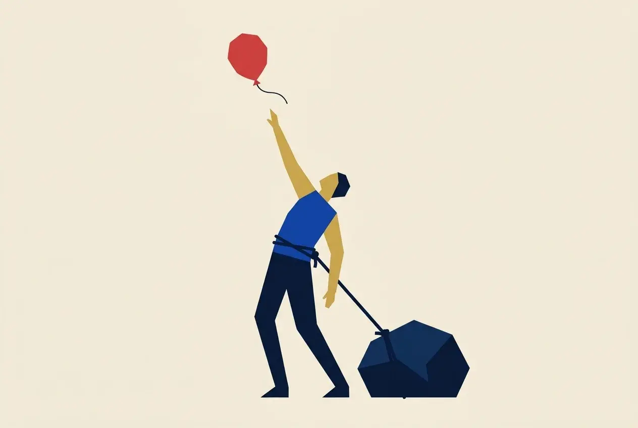 Illustration of a figure reaching for a floating red balloon while a rope tied to a rock holds them back.