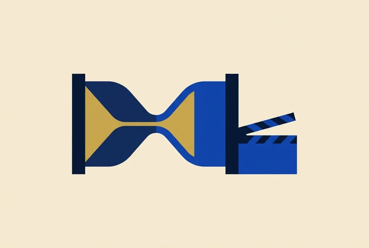 Illustration of a tipped hourglass with fast-flowing sand beside a plain clapperboard, suggesting films that feel shorter than their runtime.