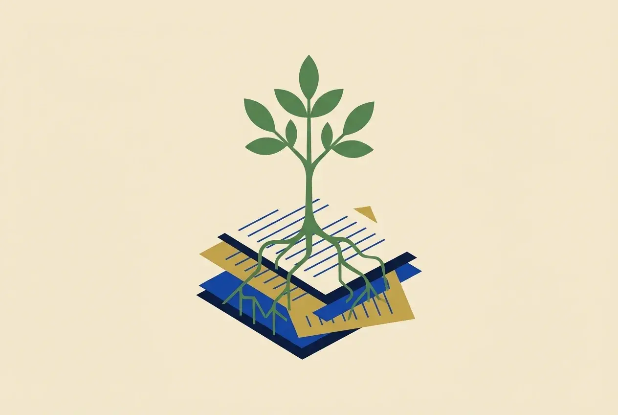 Illustration of a young plant sprouting from a stack of paper pages with roots threaded through them.