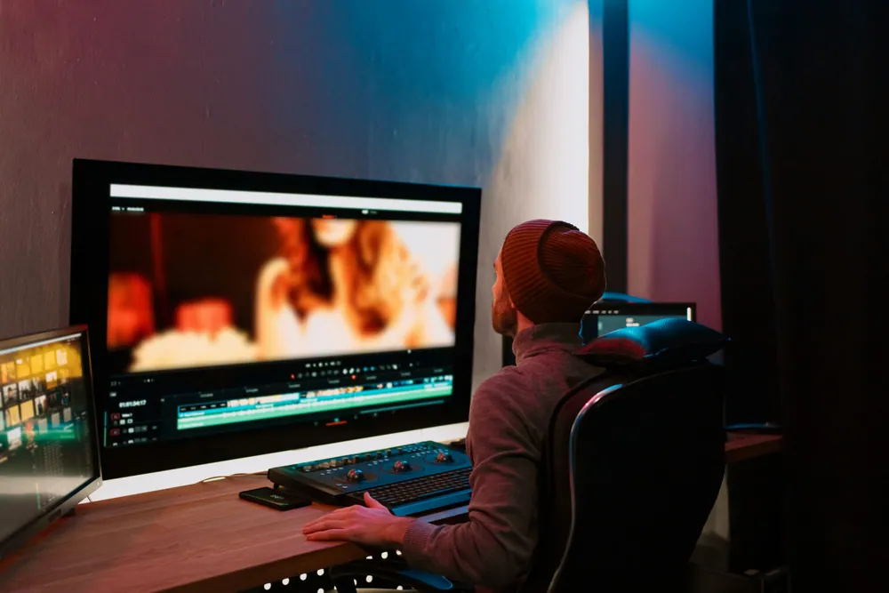 An editor working at a computer in a darkened room